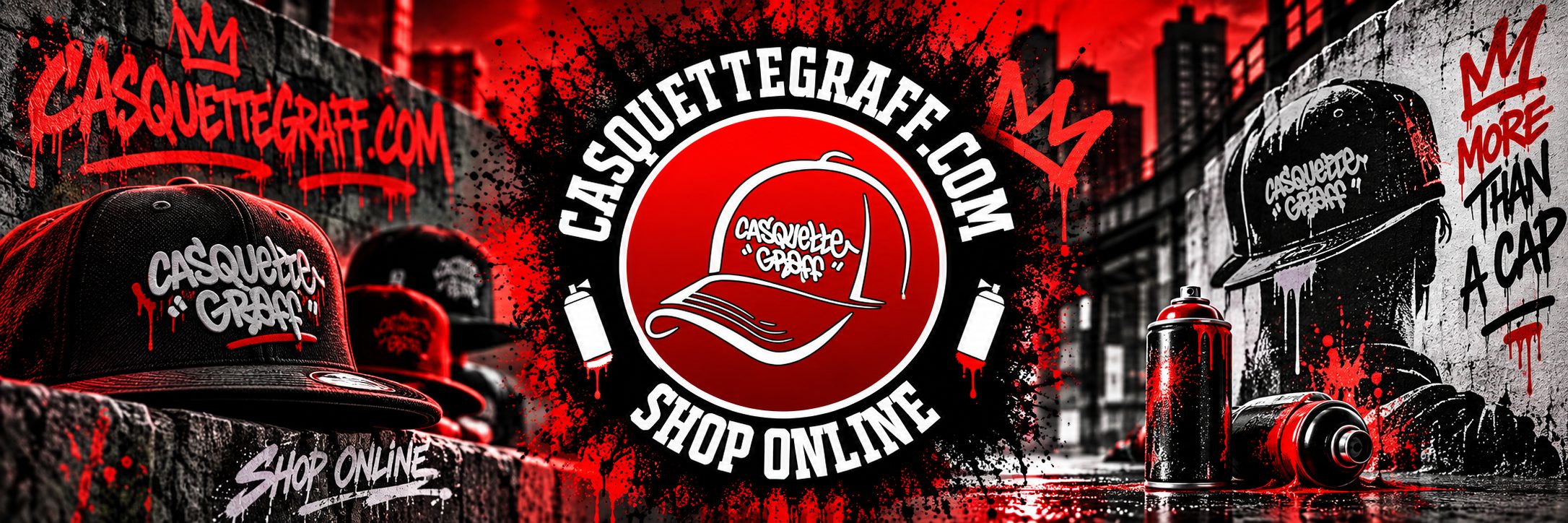 Casquettes personnalisées graffiti noires et rouges peintes à la main, bombes de peinture et mur tagué — CasquetteGraff, casquette custom street art La Réunion